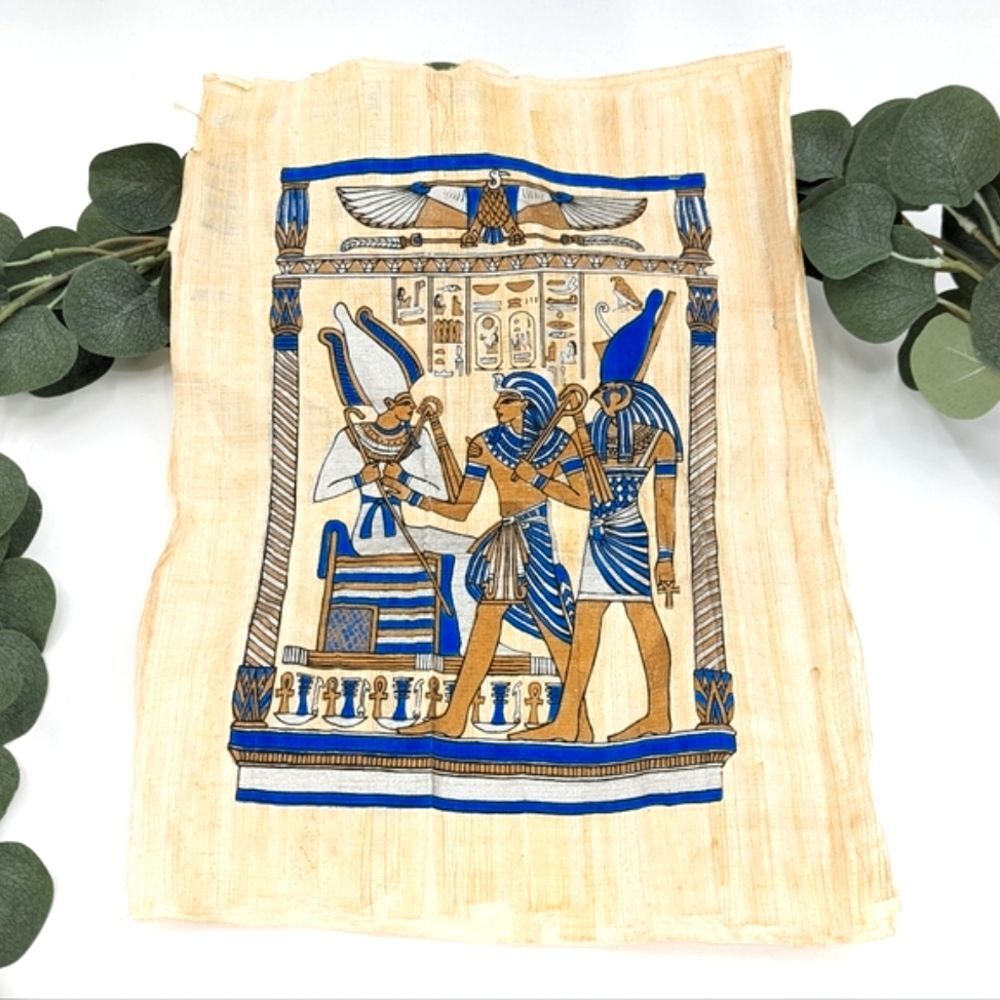Egyptian Hand Painted Papyrus Paper Painting Blue Gold